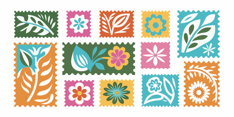 Collection of colorful folk art inspired floral and leaf patterned postage stamps