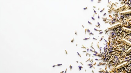 Close-up image of herbal medicine capsules made from dried herb