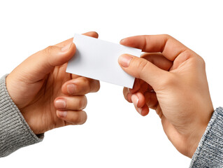 Business card exchange: A person's hands tenderly cradling a pristine business card, presenting a symbol of networking and business interaction. The image is crisp.