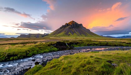 Fototapeta premium A vibrant landscape displays a lush valley, a flowing stream, and a dramatic mountain peak bathed in a warm sunset glow.