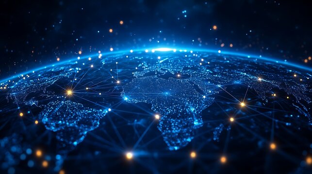 A glowing blue globe with interconnected lines and points of light against a dark background