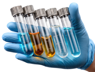 Laboratory Hand with Test Tubes: A gloved hand delicately holds a row of test tubes filled with colorful liquids, capturing the essence of scientific exploration.