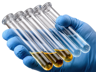 Science and Chemistry: A gloved hand carefully holds a series of test tubes filled with a spectrum of vibrant liquids. This scene captures the essence of scientific discovery and exploration.