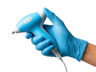 Medical Device in Hand: A gloved hand confidently grasps a sleek, medical-grade device, suggesting precision and care in a sterile setting. 