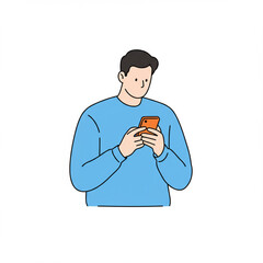 Hand-drawn vector illustration of a young man focused on his smartphone, browsing social media or texting. Modern communication concept isolated on white