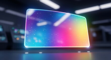 Glowing Transparent Screen with Rainbow Pixels in Futuristic Interior