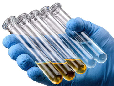 Science and Chemistry: A gloved hand carefully holds a series of test tubes filled with a spectrum of vibrant liquids. This scene captures the essence of scientific discovery and exploration.