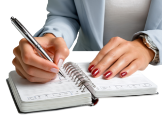 Focused Note-Taking: A close-up shot showcases a hand gracefully gliding across a page, meticulously penning thoughts, appointments, or creative ideas in a sleek, spiral-bound notebook.