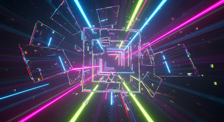 Abstract neon cube with colorful laser beams, futuristic design.