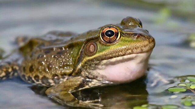 A green frog sits in water its textured skin glistening showcasing its round eyes and inflated throat