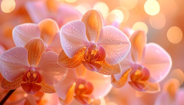 Delicate Pink Orchid Flowers with Water Drops with Bokeh Background Macro Floral Art.