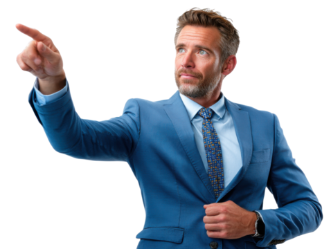 Forward Vision: A distinguished individual, impeccably attired in a striking blue suit and tie, projects a sense of direction and purpose with a decisive gesture.