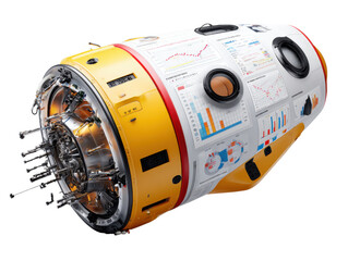 Futuristic Research Pod: A cutting-edge, cylindrical research pod, showcasing advanced technology and scientific progress with detailed graphic charts, highlighting innovation and exploration