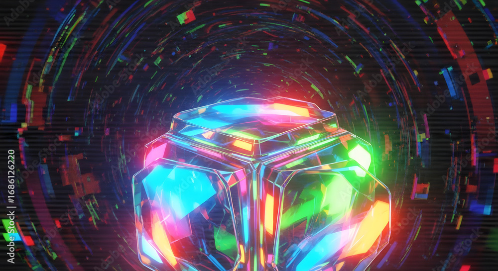 Poster a vibrant, multifaceted cube glows amidst a swirling, abstract tunnel of light and color, creating a