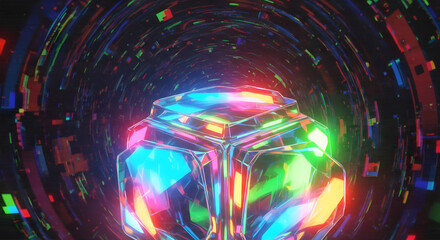 A vibrant, multifaceted cube glows amidst a swirling, abstract tunnel of light and color, creating a mesmerizing and futuristic visual.
