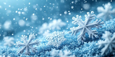 Close up of intricate ice crystals and snowflakes falling in blue light winter cold