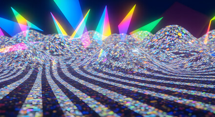 Abstract image of a crystal with light refraction creating a rainbow effect.