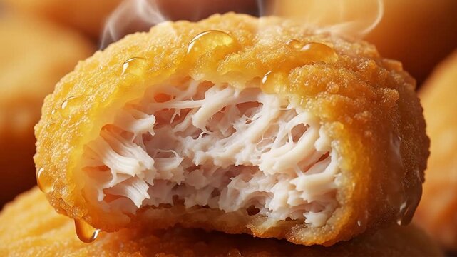 Close-up of a crispy fried chicken nugget with a bite taken out of it, showing the juicy interior and honey drizzled on top.