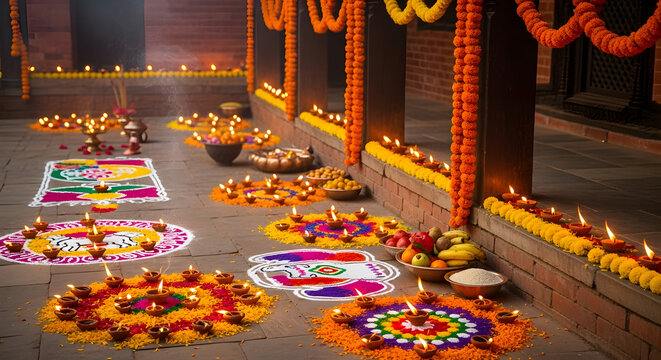 tihar&nbsp;celebration scene with vibrant Rangoli, glowing diyas, and traditional decorations for festive ambiance