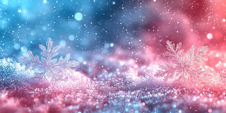 Close up of two large ornate snowflakes on sparkling pink and blue glittery ground winter