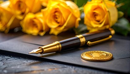 Elegant pen with gold coin, and yellow roses on a dark background, and symbolizing writing and wealth.