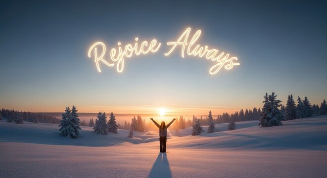 Woman Rejoicing in Snowy Landscape at Sunset with "Rejoice Always" Text Overlay