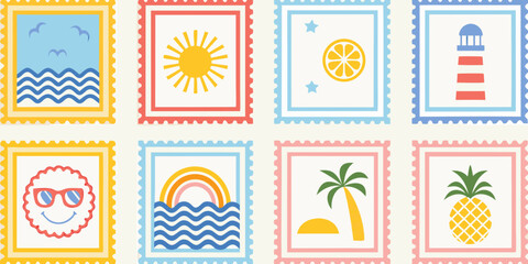 Collection of eight colorful flat design postage stamps featuring summer vacation themes
