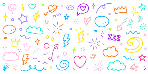Vibrant collection of hand drawn doodle icons and symbols in bright cheerful colors on a white background