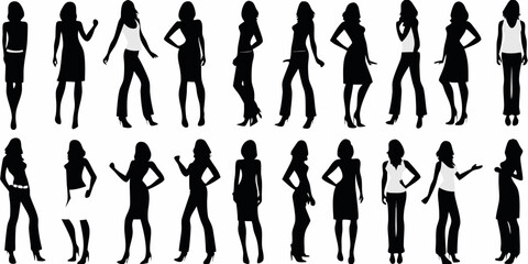 Collection of diverse female silhouettes in various fashionable poses and outfits on a white background