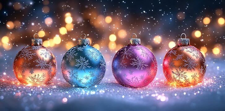 Four colorful Christmas ornaments with snowflake patterns in soft light bauble decoration - Powered by Adobe