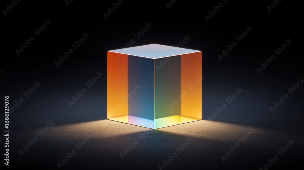 Poster transparent geometric cube with vibrant color gradient under dramatic lighting on dark background fo