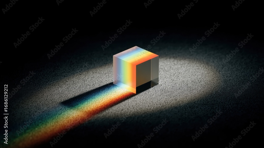 Poster light spectrum reflected through glass prism creating colorful rainbow effect on dark surface in art