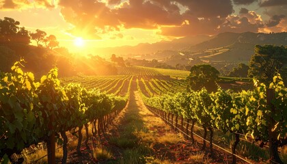 Fototapeta premium Serene Sunset Over a Lush Vineyard Landscape with Golden Rays