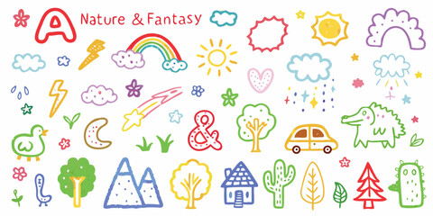 Whimsical hand drawn nature and fantasy elements collection with letter a and text