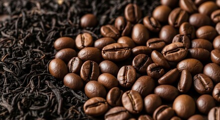 Fototapeta premium Coffee beans and black tea leaves create a contrasting texture and color palette