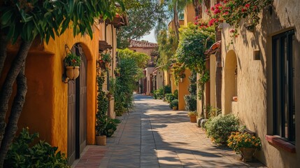 Fototapeta premium A sun-drenched alleyway lined with colorful buildings and lush greenery.