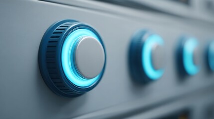 Close-Up View of Stylish Control Knobs with Illuminated Blue Lighting on Modern Equipment or Device Panel for High-Tech Aesthetic Appeal