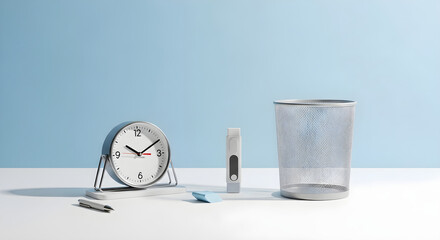 Desktop still life featuring a round analog alarm clock a pen eraser and waste bin against a blue backdrop