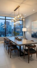 Contemporary Dining Room with City Skyline View and Geometric Chandelier in a High-Rise Apartment