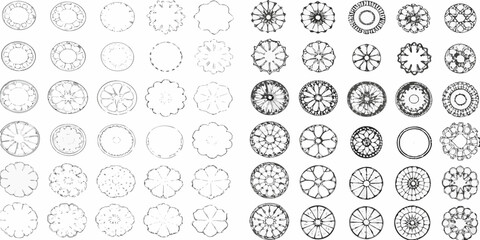 Collection of circular floral and geometric patterns in black and white line art style