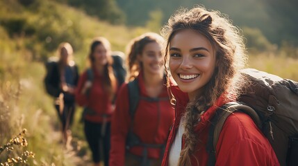 A group of young women hiking through a grassy field with backpacks and bright red jackets smiling at the camera