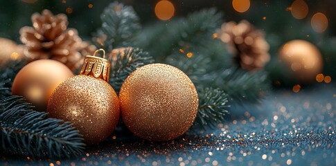 Golden Christmas Ornaments Pine Branches and Pinecones with Bokeh Lights holiday decoration