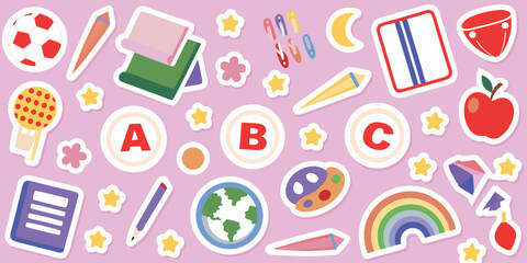 Colorful school supplies and educational icons scattered on a pink background