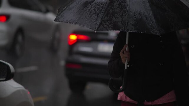 Torrential rain in Buenos Aires, Argentina. Daytime city scene with heavy rainfall, people under umbrellas, cars on wet streets, water puddles splashing, trees, buildings, and urban life. 4K 10-bit fo
