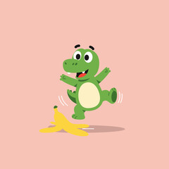 Obraz premium A cheerful green dinosaur joyfully stepping on a banana peel.