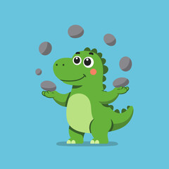 A cheerful green dinosaur juggling stones against a blue background.