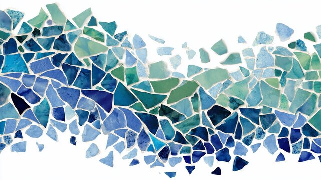 Abstract mosaic design of broken tiles in various shades of blue and green, against white