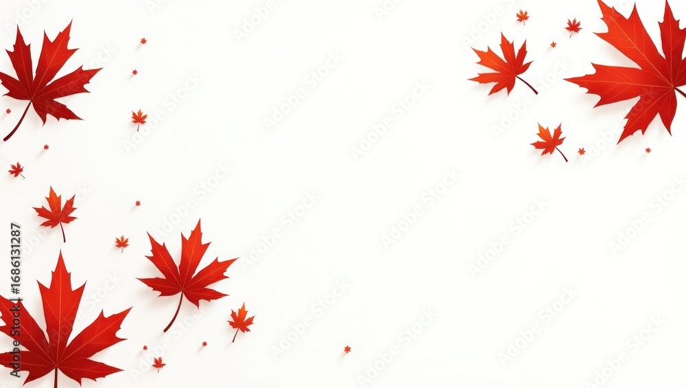 Poster vibrant red maple leaves scatter against a stark white background, creating a visually appealing and