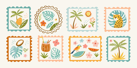 Naklejka premium Collection of eight charming square and circular tropical themed illustrations in stamp format