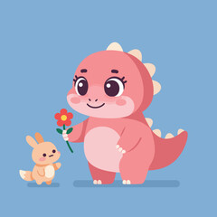 Fototapeta premium A cute pink dinosaur holding a flower stands next to a small bunny in a cheerful scene.